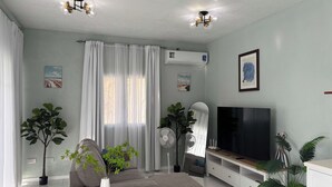 Een woonkamer met een bank, een televisie, een plant en een plafondventilator.
