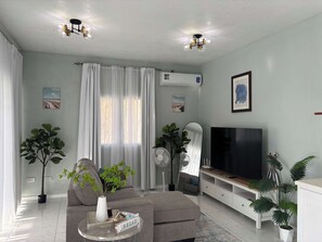 Ein Wohnzimmer mit einer Couch, einem Fernseher, einer Pflanze und einem Deckenventilator.
