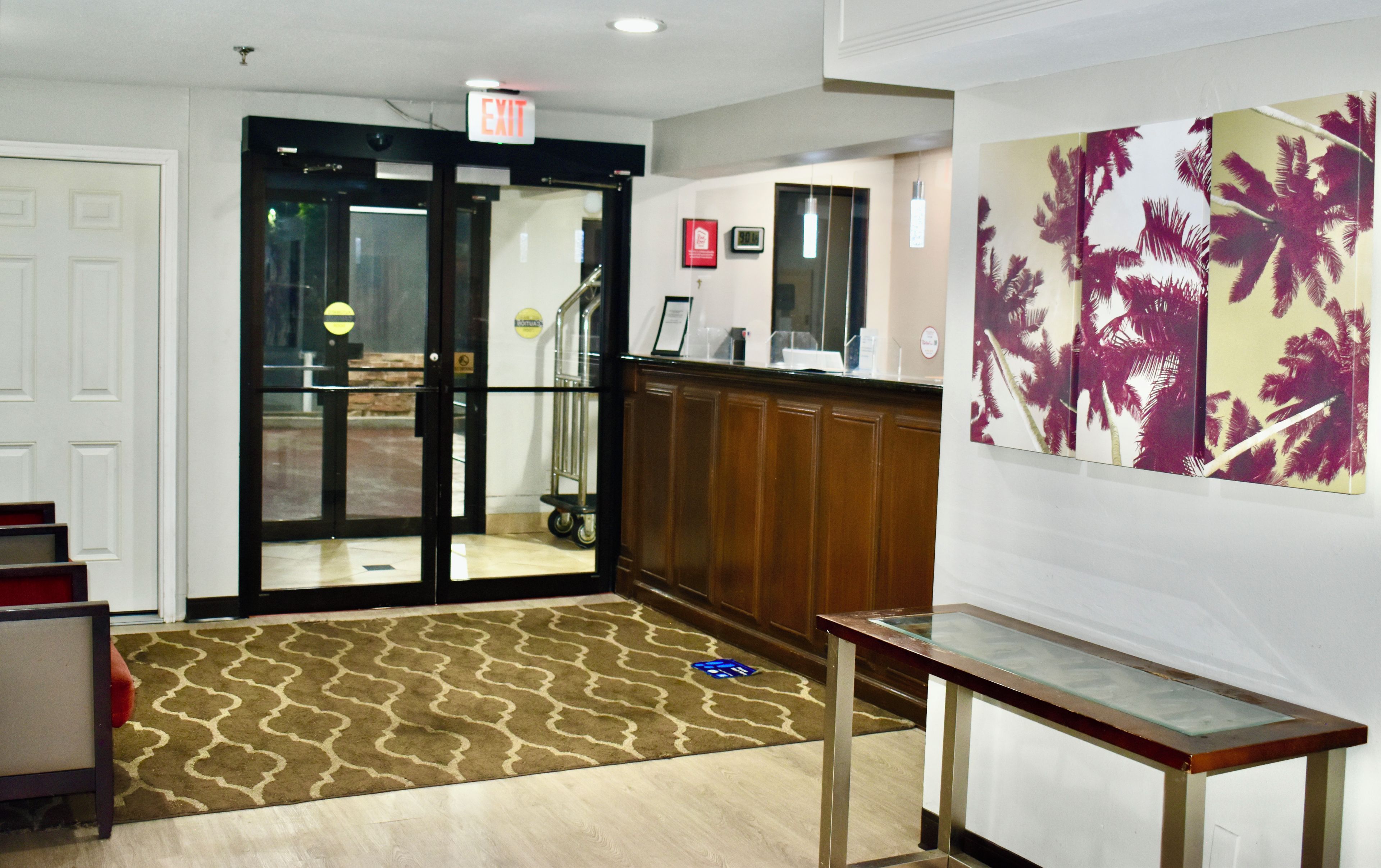Un hall d’hôtel comprenant un comptoir d’accueil, une entrée avec une porte en verre, un tapis à motifs et un mur orné d’une œuvre d’art représentant un palmier.
