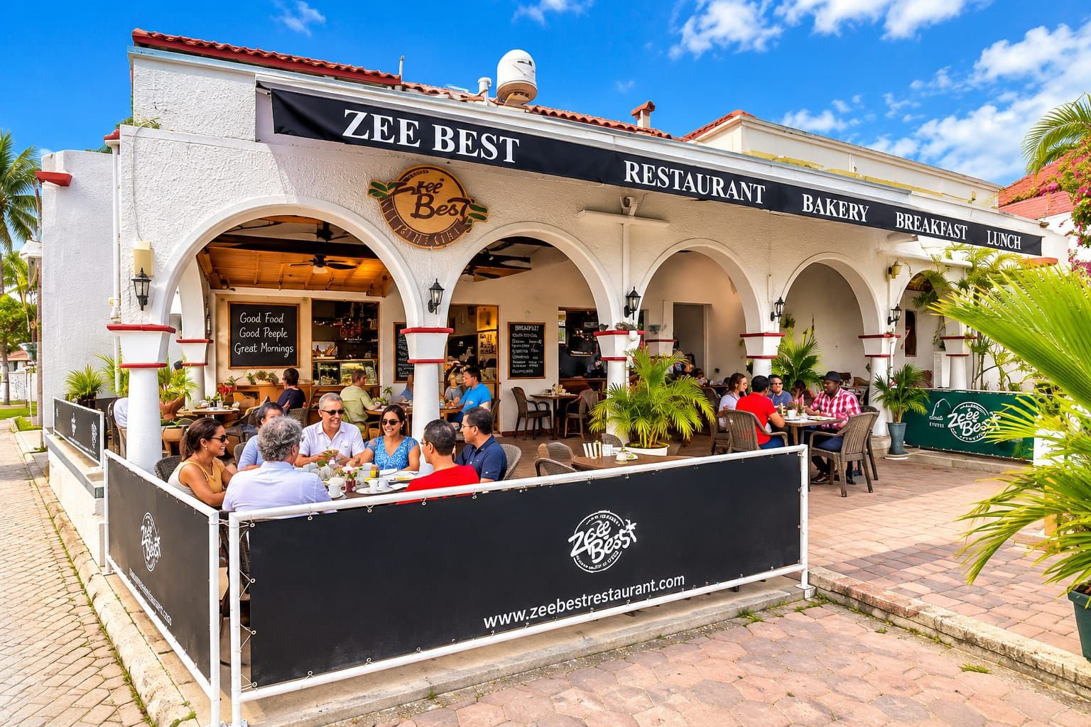 A restaurant with outdoor seating, a sign reading 'Zee Best Restaurant Bakery Breakfast Lunch,' and a website address 'www.zeebestrestaurant.com' on a banner.