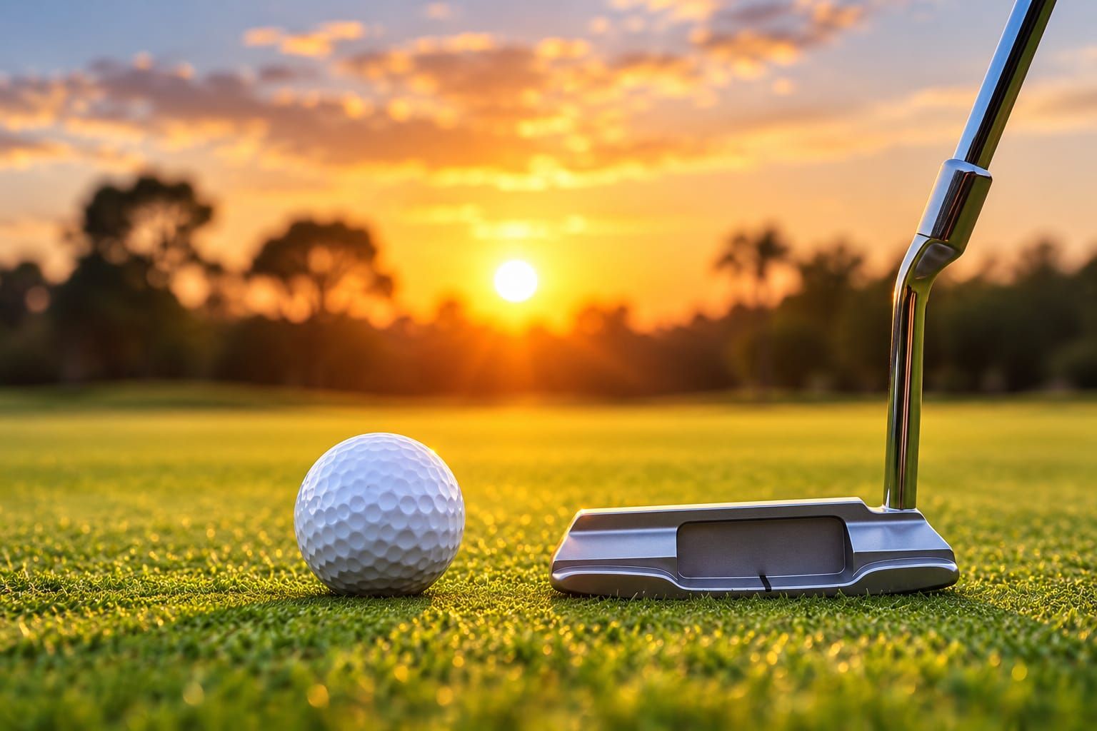 A golf ball and a putter on a green with a sunset in the background.