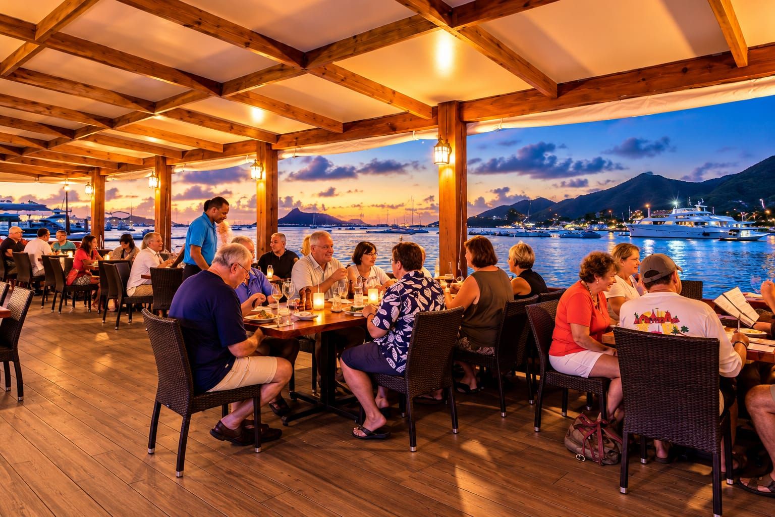 Un restaurant en plein air avec des poutres, des tables et des chaises en bois, offrant une vue sur une étendue d'eau où naviguent des bateaux, et sur un paysage montagneux en arrière-plan.
