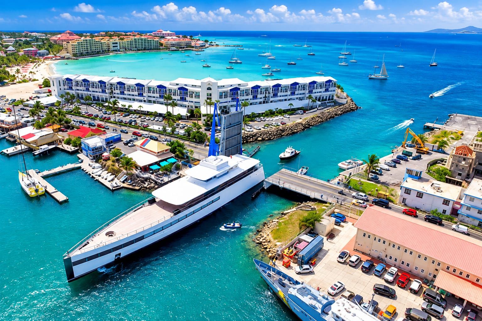 Un grand navire de croisière était amarré dans une marina, avec un hôtel et des bâtiments d’un complexe hôtelier en arrière-plan.