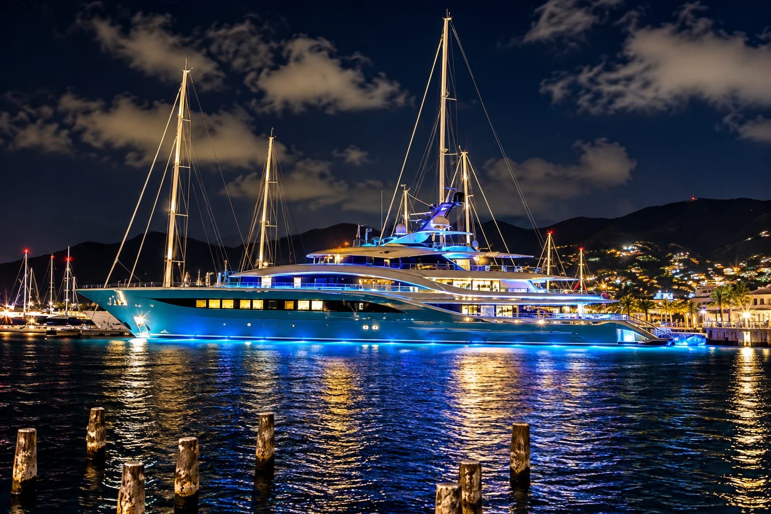 Un grand yacht était amarré dans une marina, avec de nombreux mâts et des lumières bleues scintillantes.