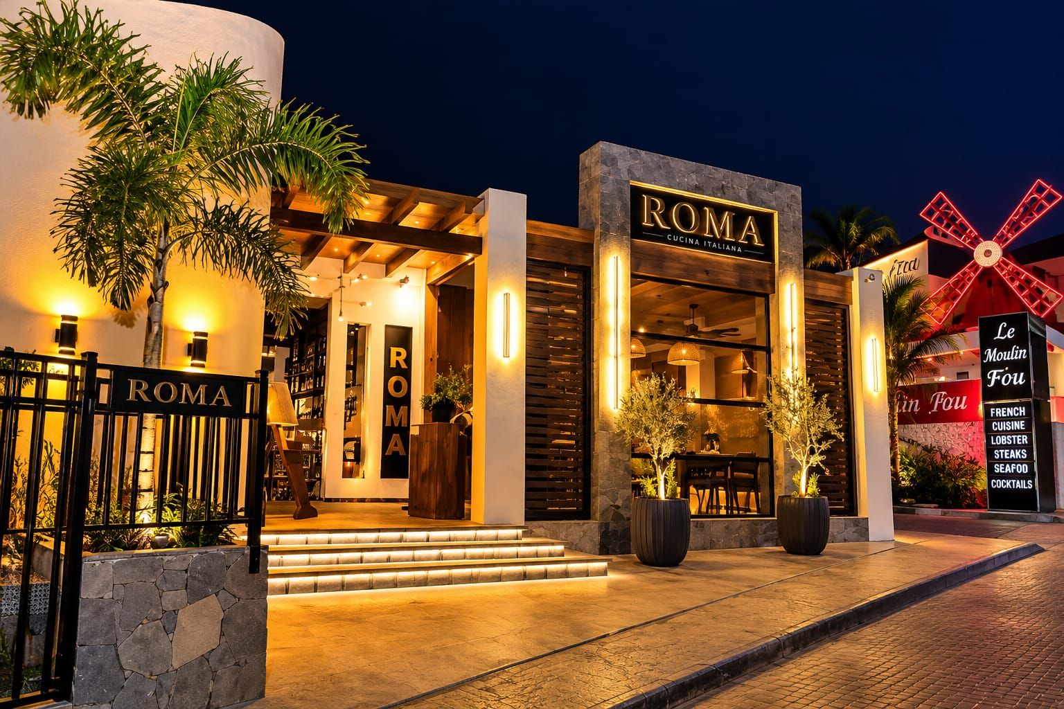 Een restaurant genaamd 'ROMA' met een stenen gevel, terras en een rood windmolenbord.