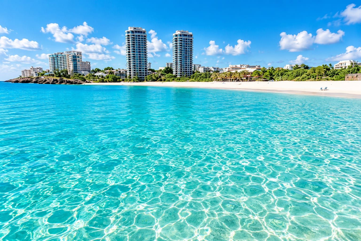 A beachfront hotel with clear turquoise water, a sandy beach, and high-rise buildings in the background.