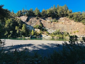 Eine natürliche Landschaft mit einem Fluss, felsigem Gelände und dichtem Wald.