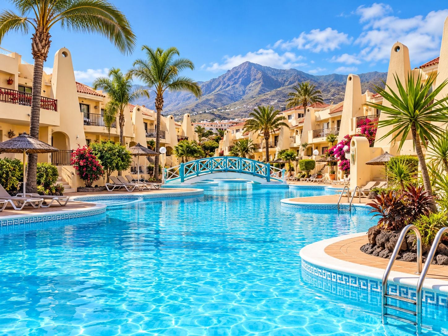 A resort pool with a bridge, palm trees, and mountain views.
