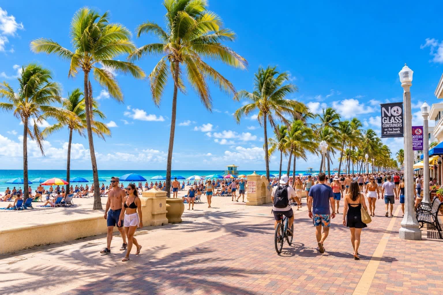 A beach promenade with palm trees, people walking, and a 'NO GLASS CONTAINERS' sign.