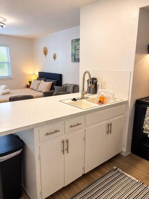 A modern kitchen with a sink, cabinets, and a countertop. - Bright Studio in Allandale | Near The Domain (Austin)