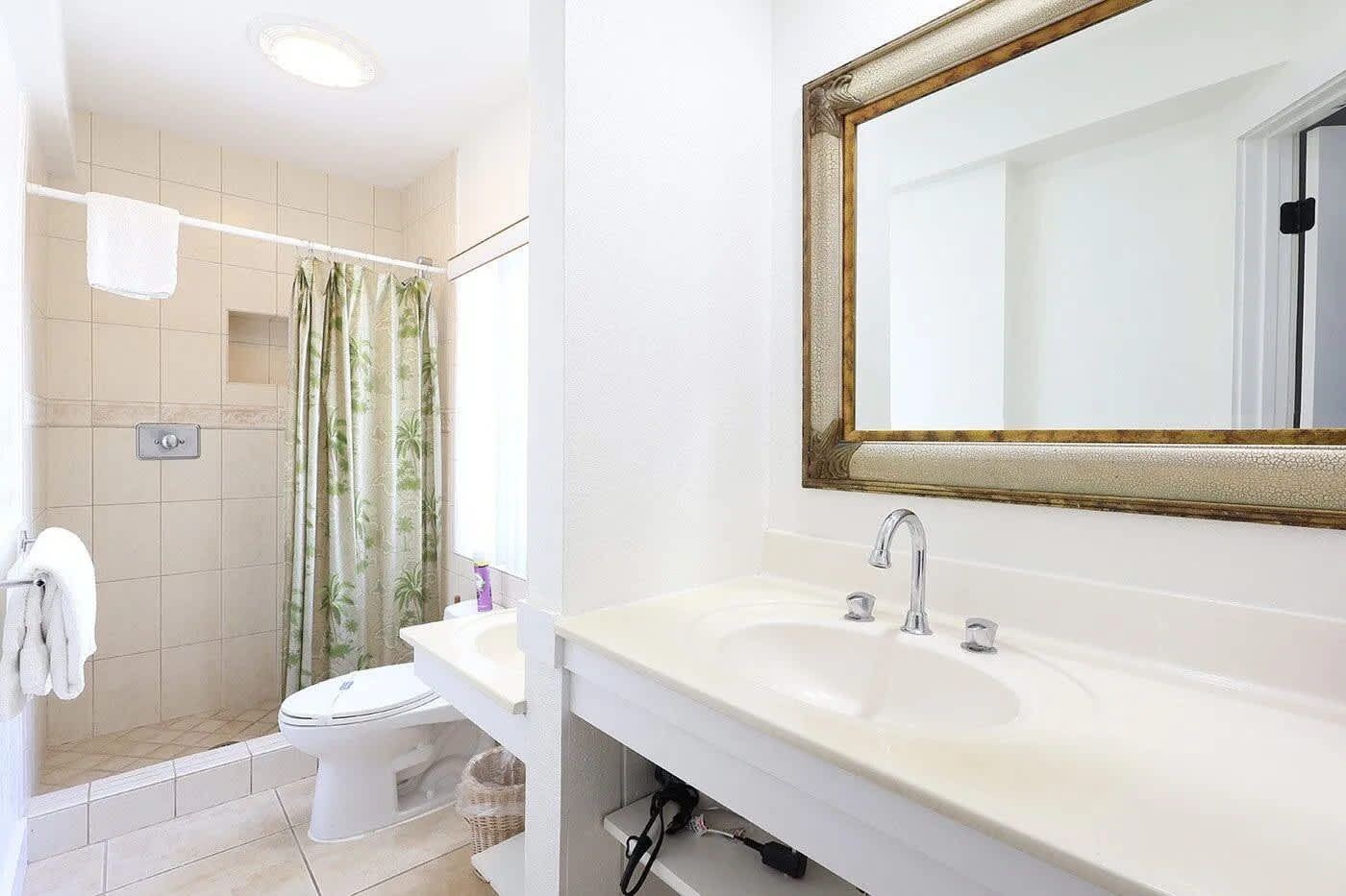 Een badkamer met douche, toilet, wastafel en een spiegel met gouden lijst.