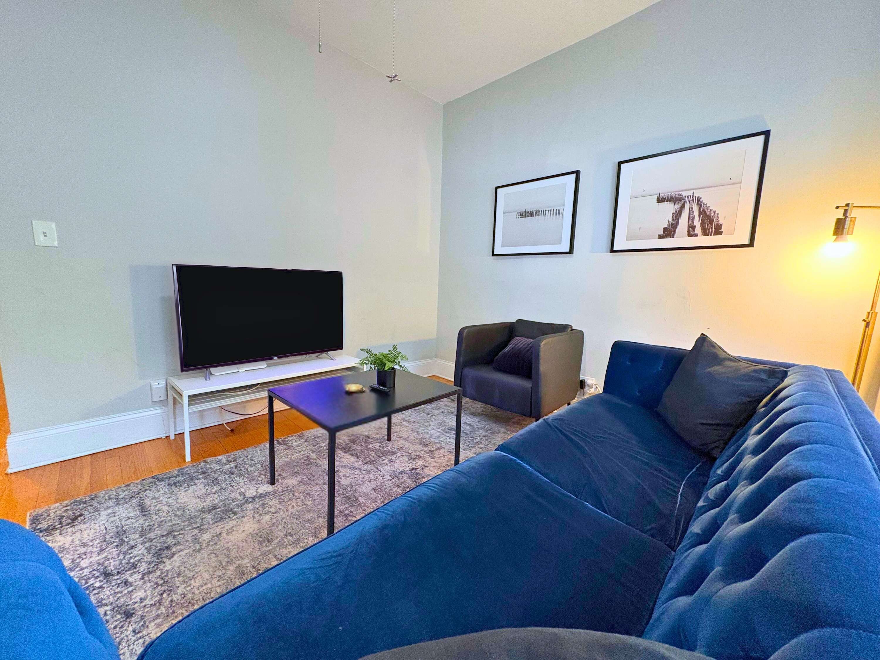 Ein Wohnzimmer mit einem großen Flachbildfernseher, einem blauen Sofa, einem kleinen Tisch mit einer Pflanze und zwei gerahmten Bildern an der Wand.