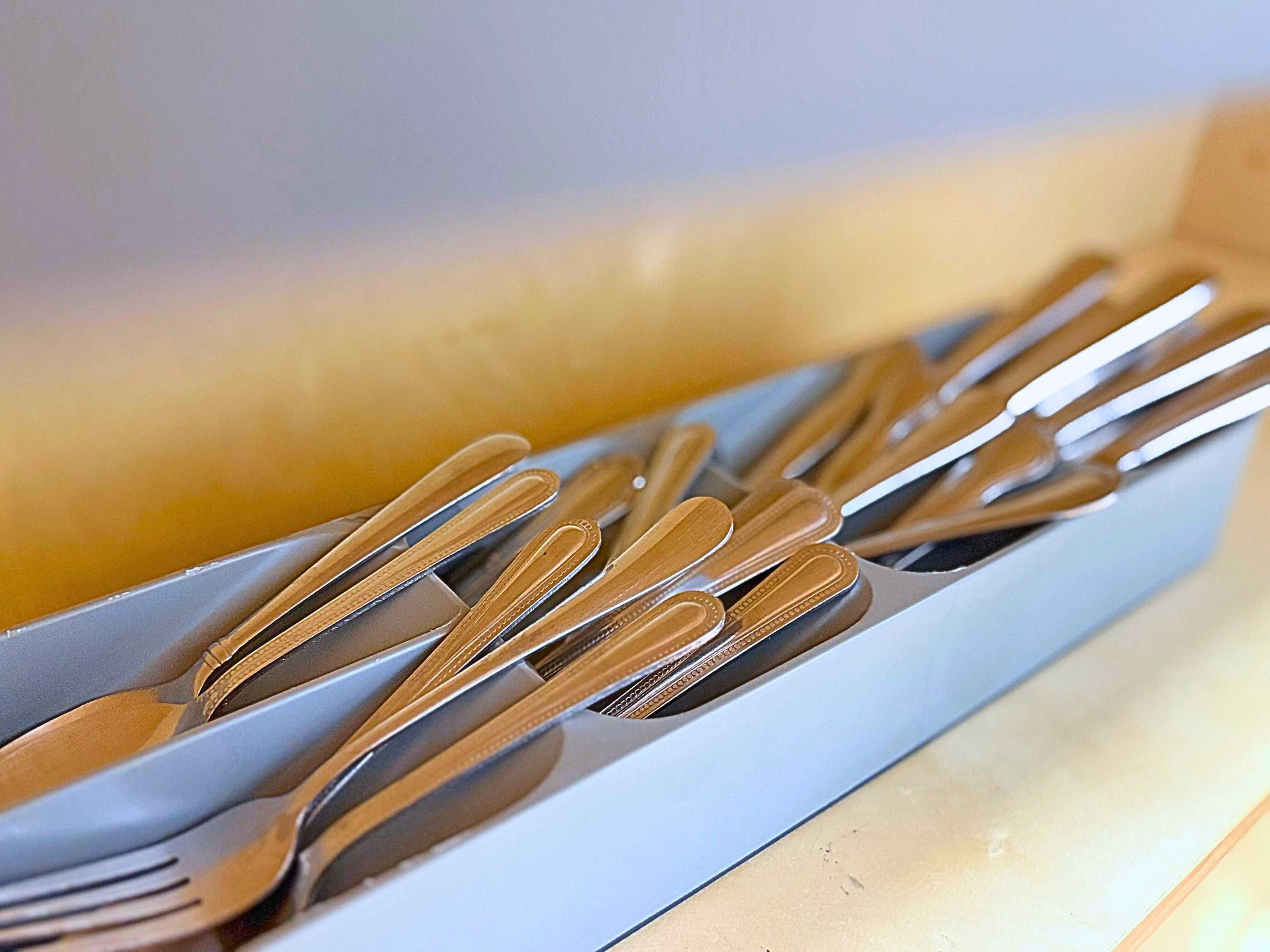 A set of silverware neatly arranged in a blue container.