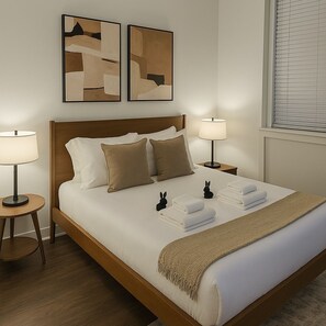 A neatly made bed with pillows, a bedside lamp, and a small table with a lamp. There are two abstract paintings on the wall above the bed.