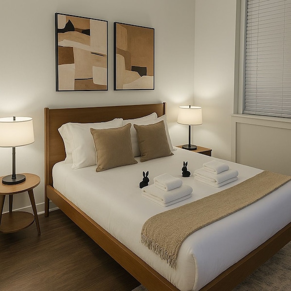 Een keurig opgemaakt bed met kussens, een bedlampje en een klein tafeltje met een lamp. Boven het bed hangen twee abstracte schilderijen aan de muur.