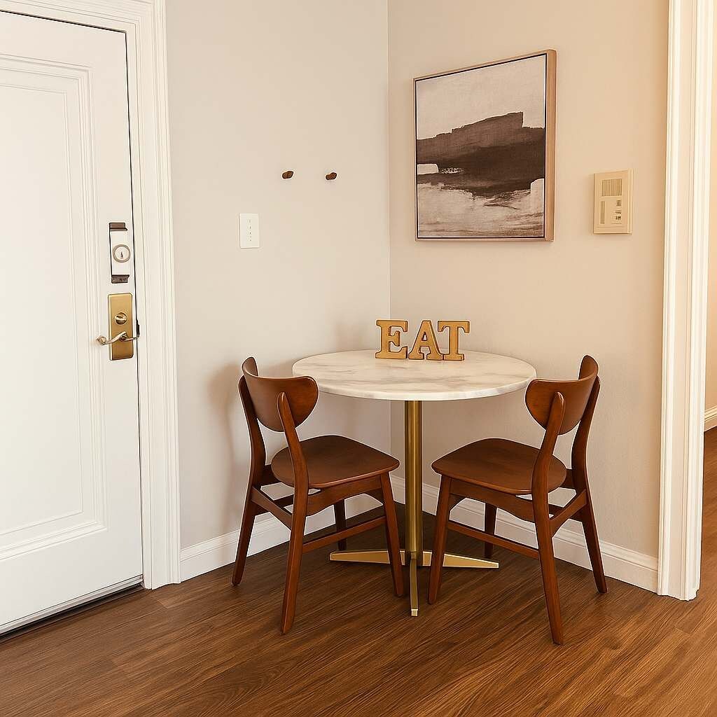 Un comedor con una mesa redonda y dos sillas de madera, una puerta blanca y un cuadro en la pared.