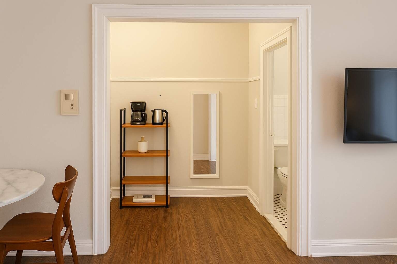 Una habitación con piso de madera, pared blanca, un estante de madera con cafetera, una silla blanca y un televisor montado en la pared.