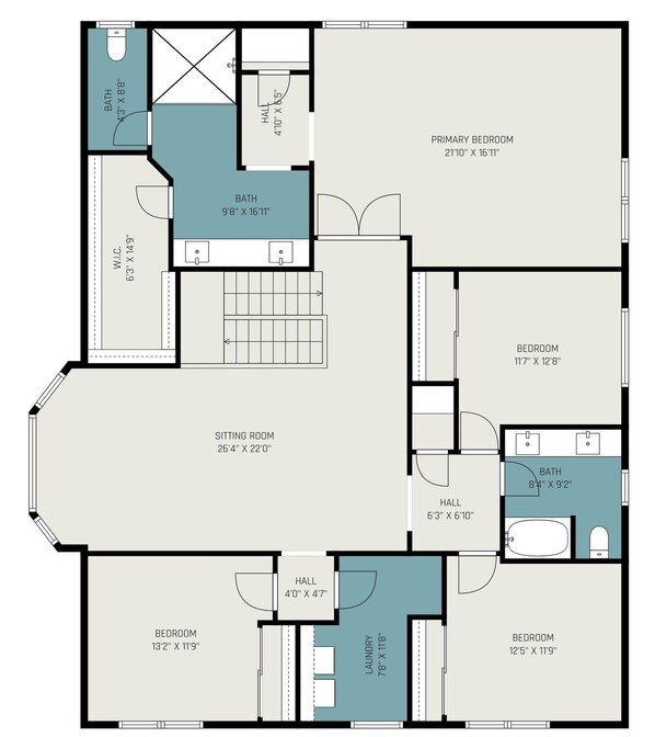 Ein Grundriss mit einem Hauptschlafzimmer, zwei kleineren Schlafzimmern, einem Wohnraum, einer Diele, einem Badezimmer und einem Waschbereich.