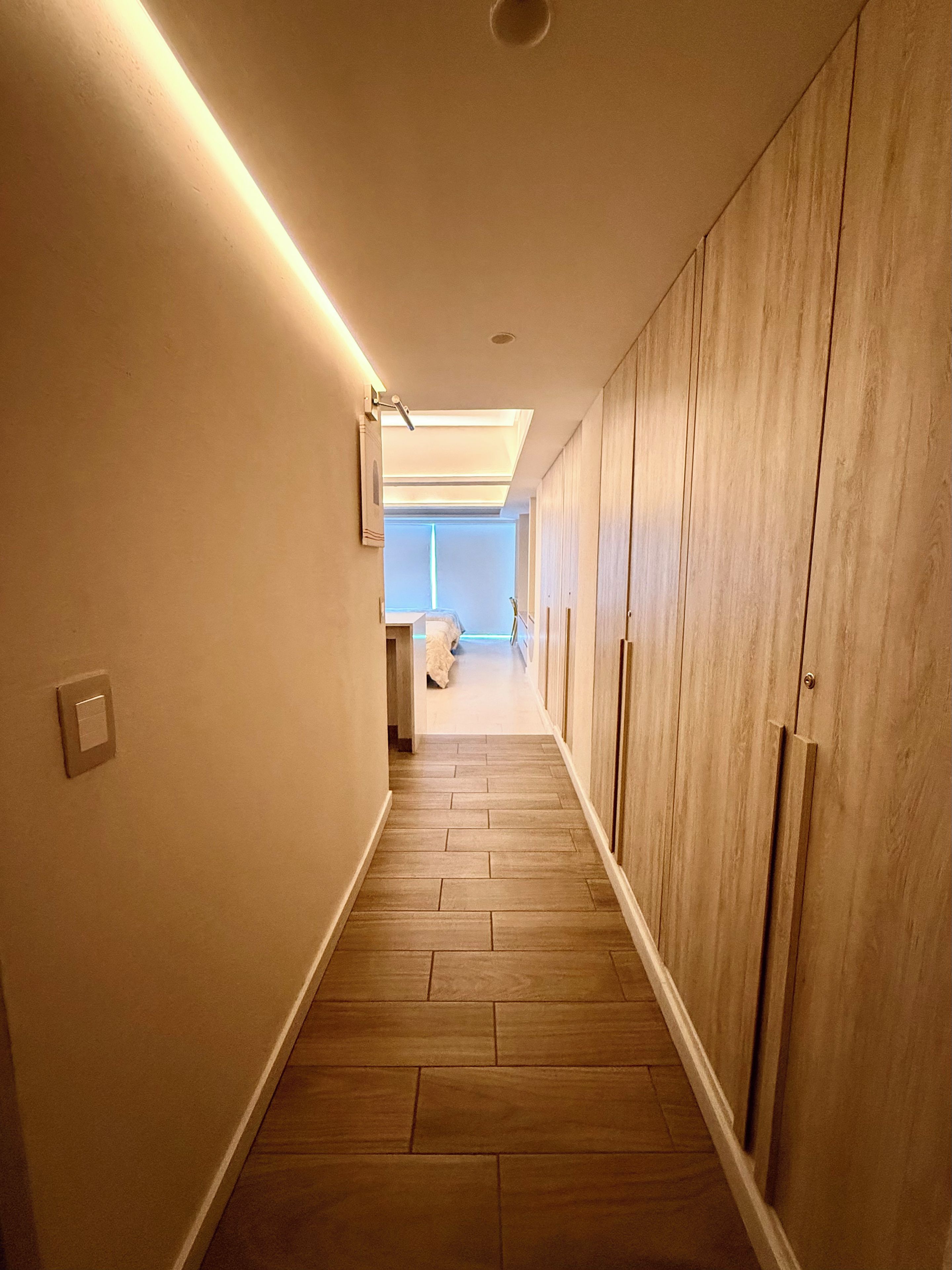 A hallway with wooden flooring, a light fixture on the left, and a closet with vertical handles on the right.