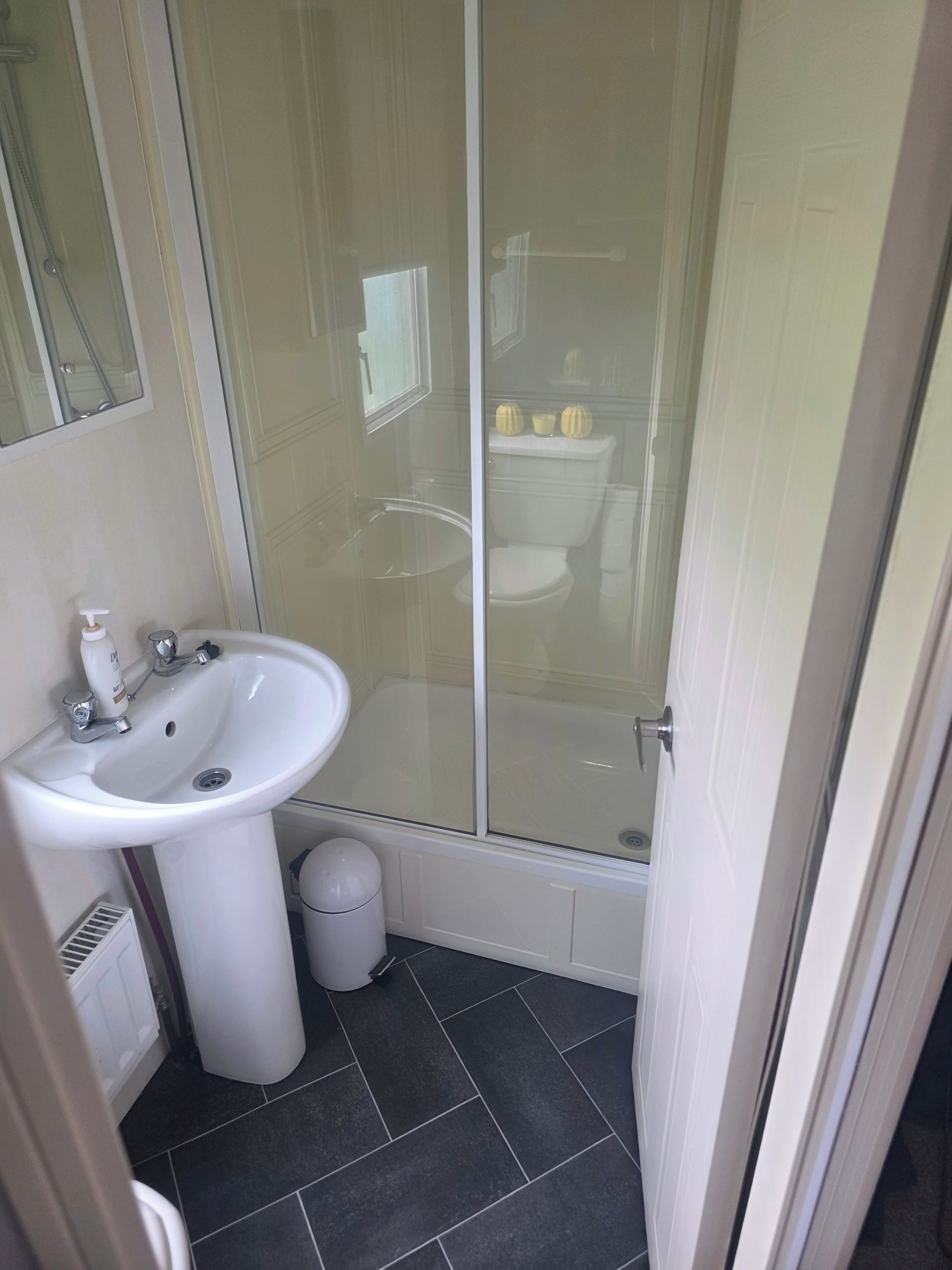 A bathroom with a white sink, a glass shower enclosure, and a toilet visible through the glass.