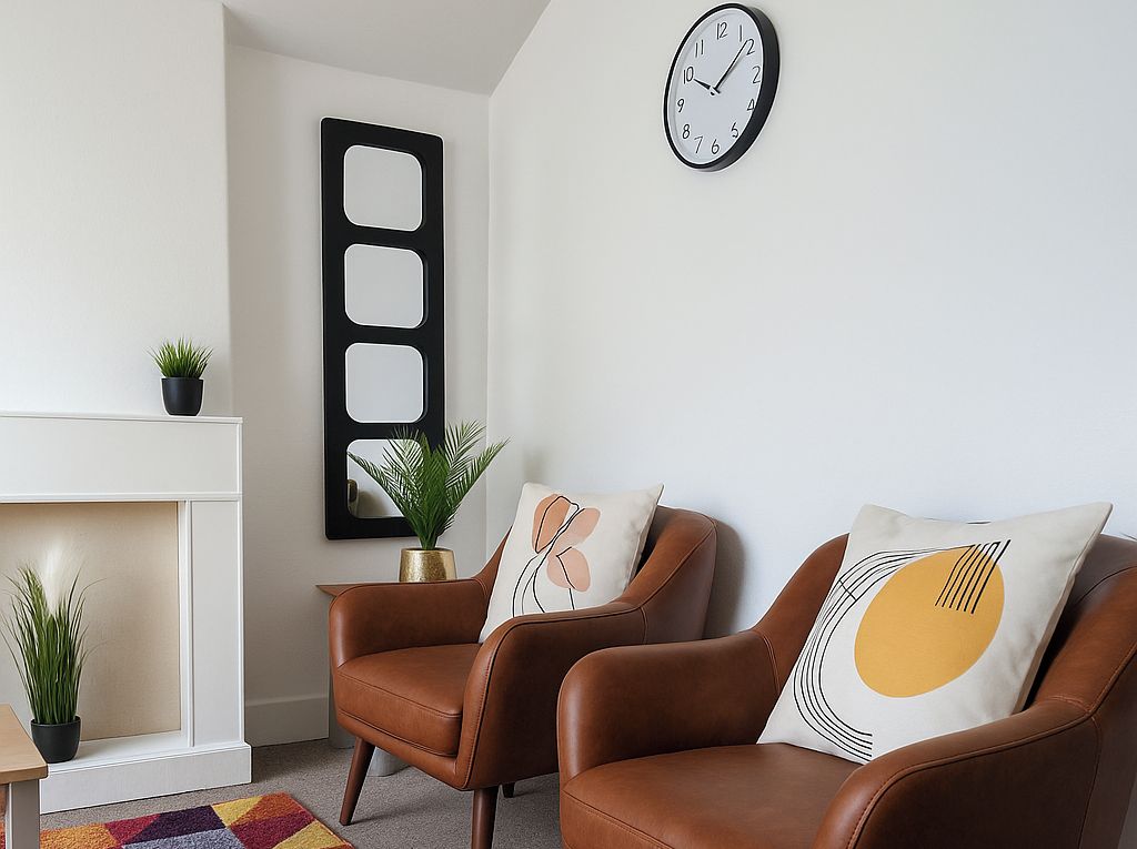 Una sala de estar con dos sillones de cuero marrón, una chimenea blanca, un reloj y un adorno mural geométrico.