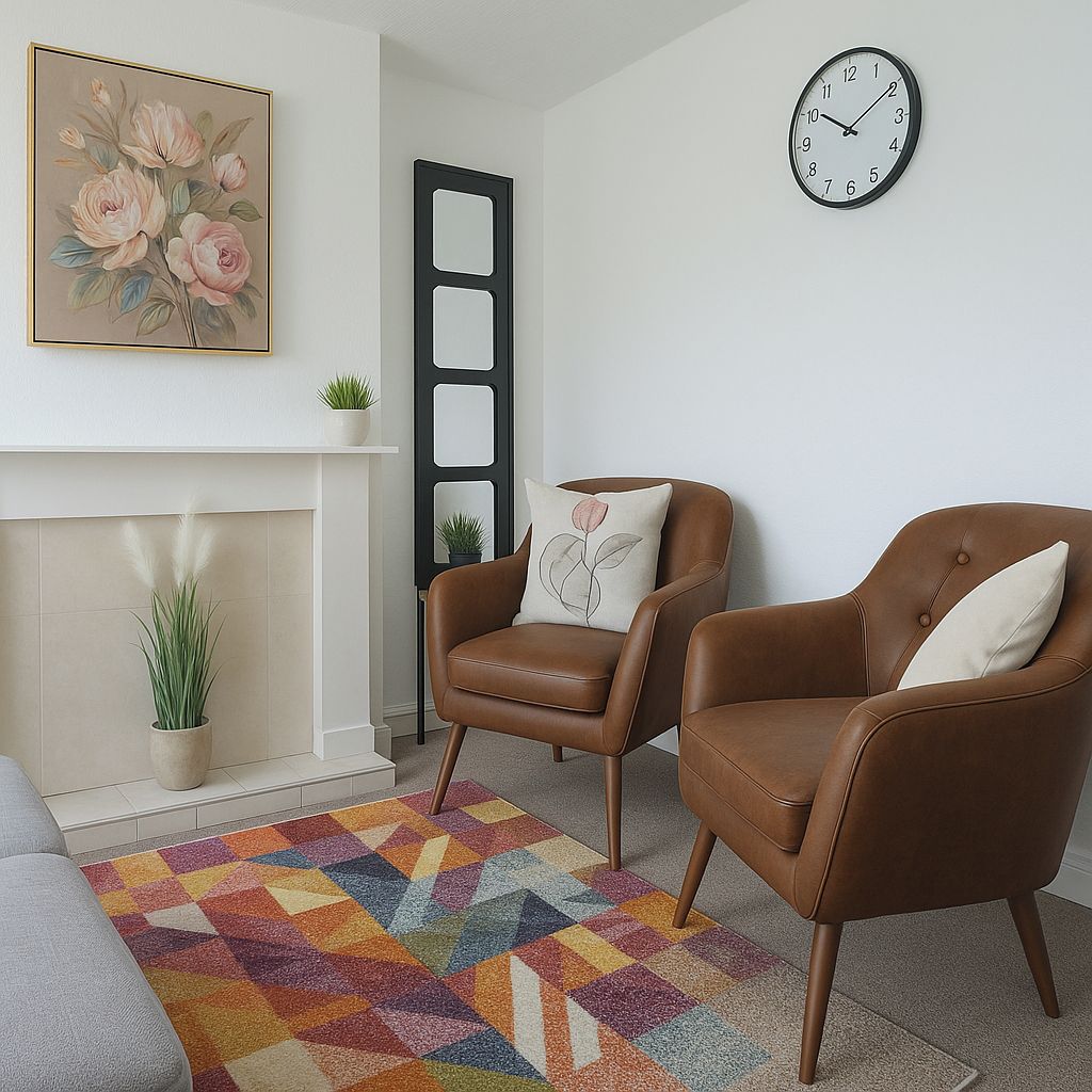 Un salon avec une cheminée, deux fauteuils en cuir marron, un tapis géométrique aux couleurs vives, une horloge au mur et un tableau floral encadré.