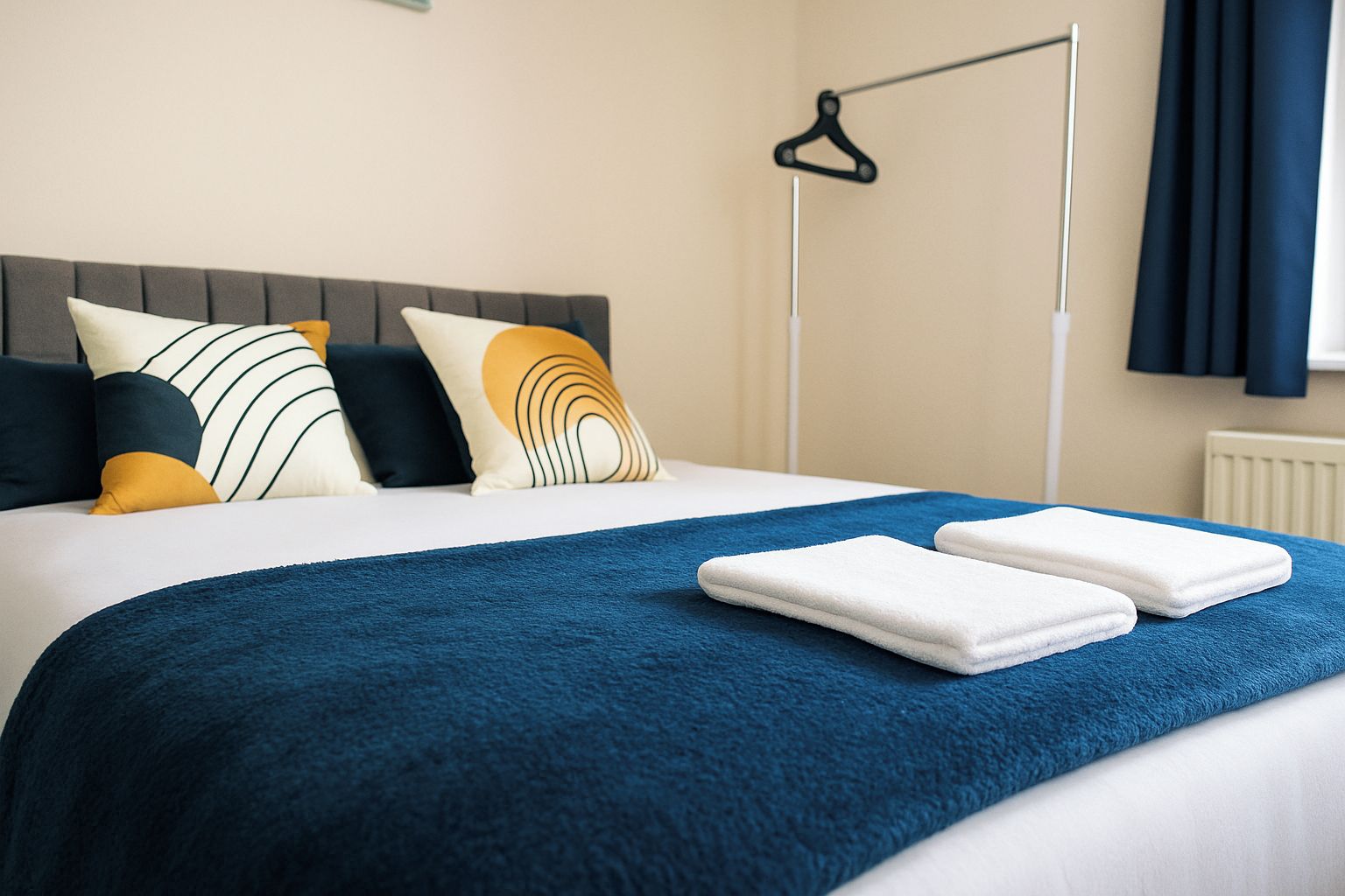 Ein ordentlich bezogenes Bett mit blauer Decke und zwei weißen Handtüchern, ein grauer Kopfteil und ein schwarzer Kleiderhaken an der Wand.