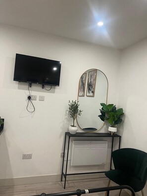 Una sala de estar con un televisor de pantalla plana montado en la pared, un espejo redondo, una mesita con dos plantas en macetas y una silla verde.