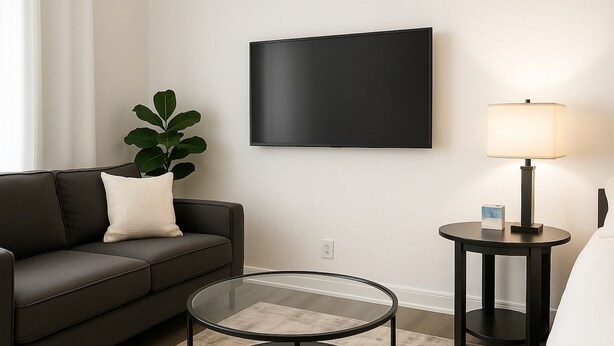 A modern living room with a sofa, a glass coffee table, a side table with a lamp, and a large flat-screen TV mounted on the wall. - Chic Studio in Historic Hyde Park – Walk to Campus (Chicago)