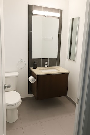 A bathroom with a toilet, a sink, a mirror, and a towel rack. - Bright South Hyde Park Studio (Chicago)