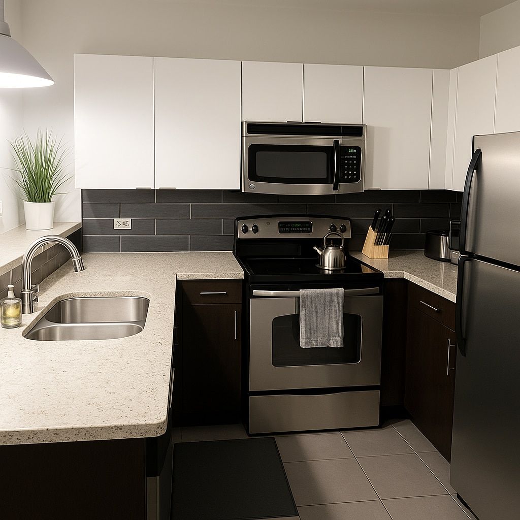 Cozinha moderna com eletrodomésticos de aço inoxidável, bancada de granito e painel de azulejos pretos.