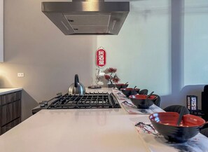 Et køkken med en central ø, gasblus og et emfang i rustfrit stål.