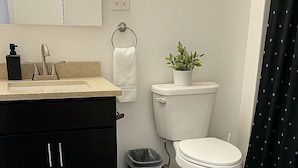 A bathroom with a toilet, sink, and a trash bin. - Hyde Park 1BR w/ Charm (Chicago)