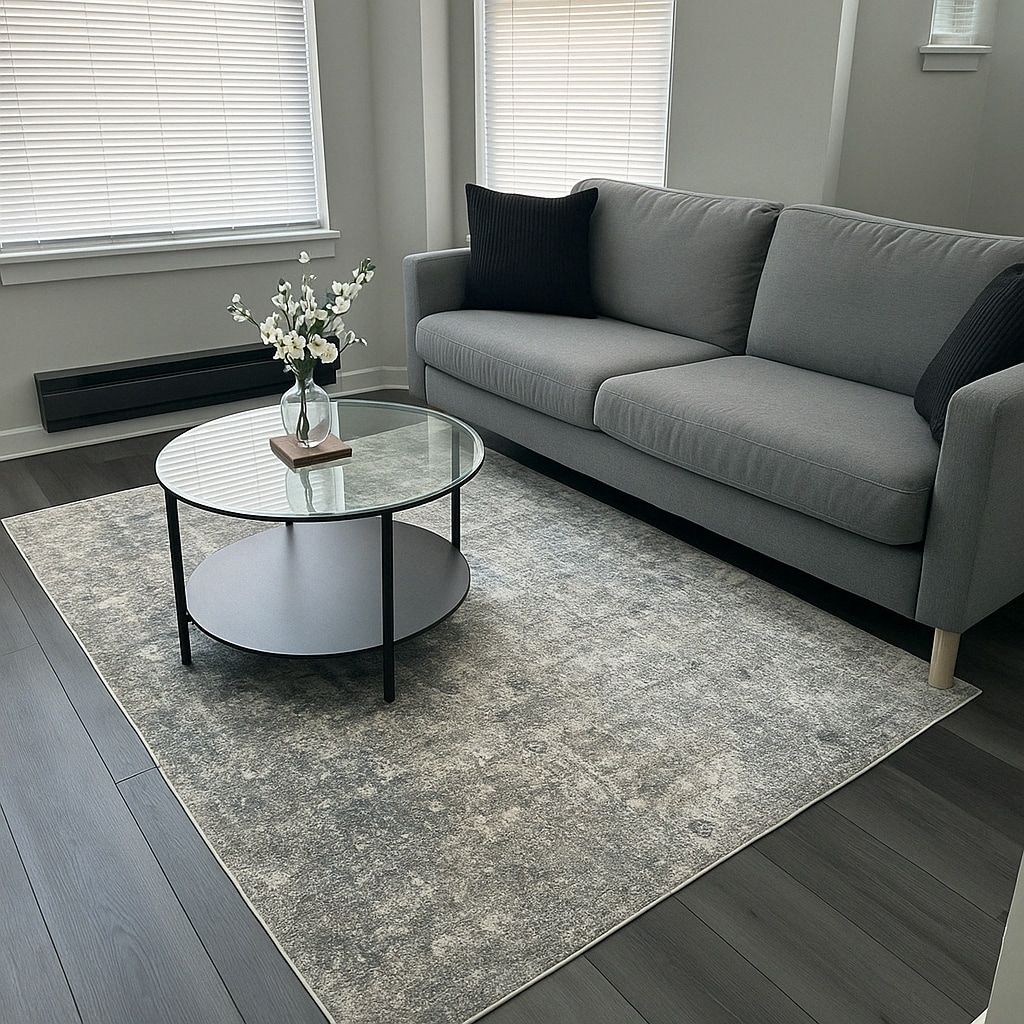 Un salón con un sofá gris, una mesa de centro redonda de vidrio y un jarrón con flores, y una alfombra gris.