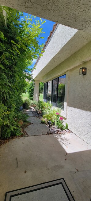 A pathway leading to a building with a stone facade and large windows.