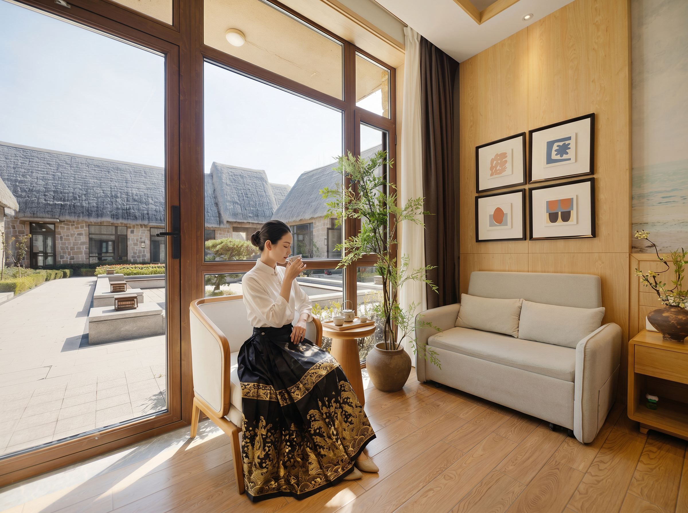 Ein Zimmer mit großen Fenstern, einem Sofa, einem Tisch mit Teeservice und gerahmten Kunstwerken an der Wand.