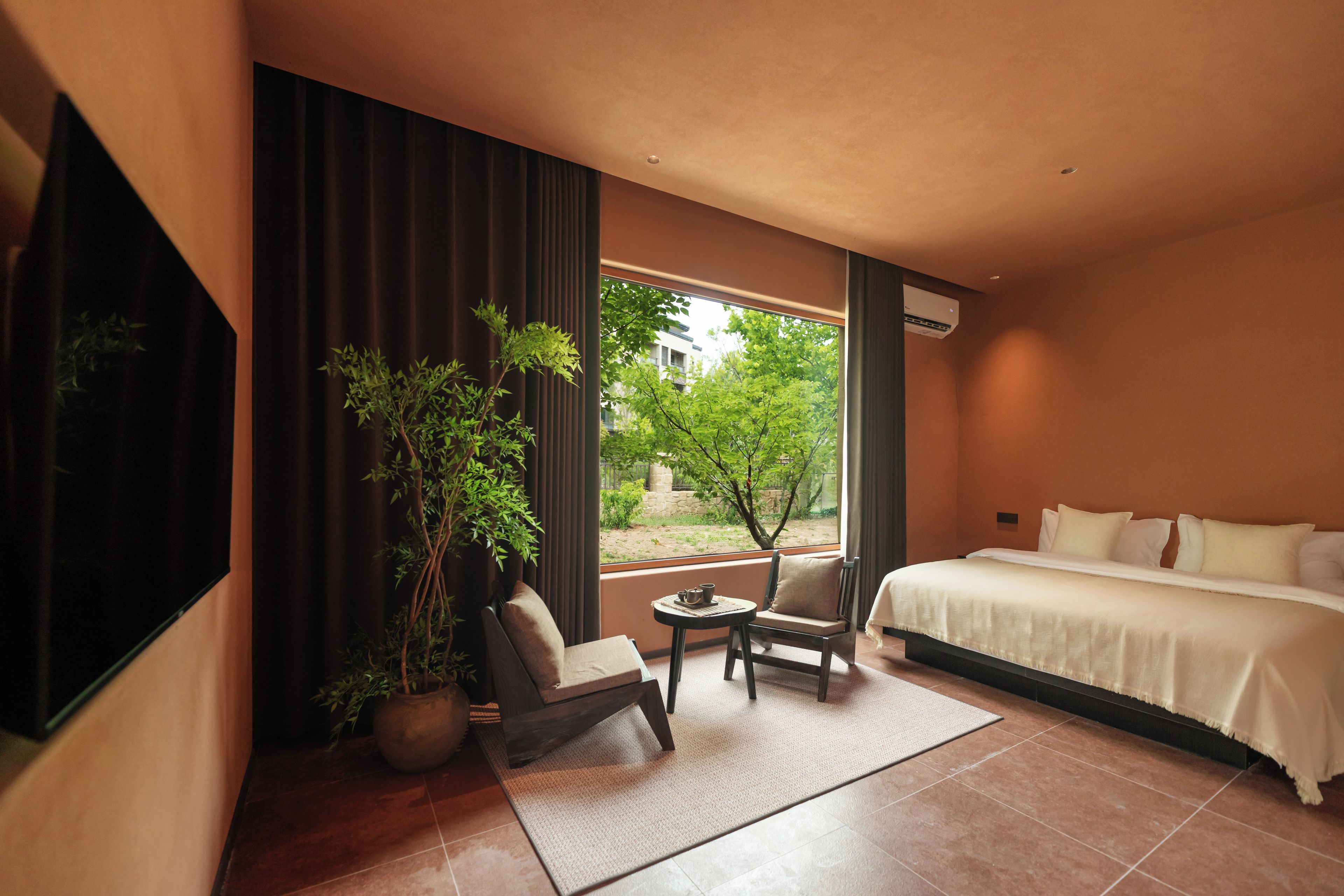 A hotel room with a bed, a chair, a small table, a potted plant, and a view of greenery outside.