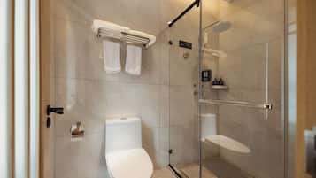A modern bathroom with a glass-enclosed shower, a toilet, and a towel rack.