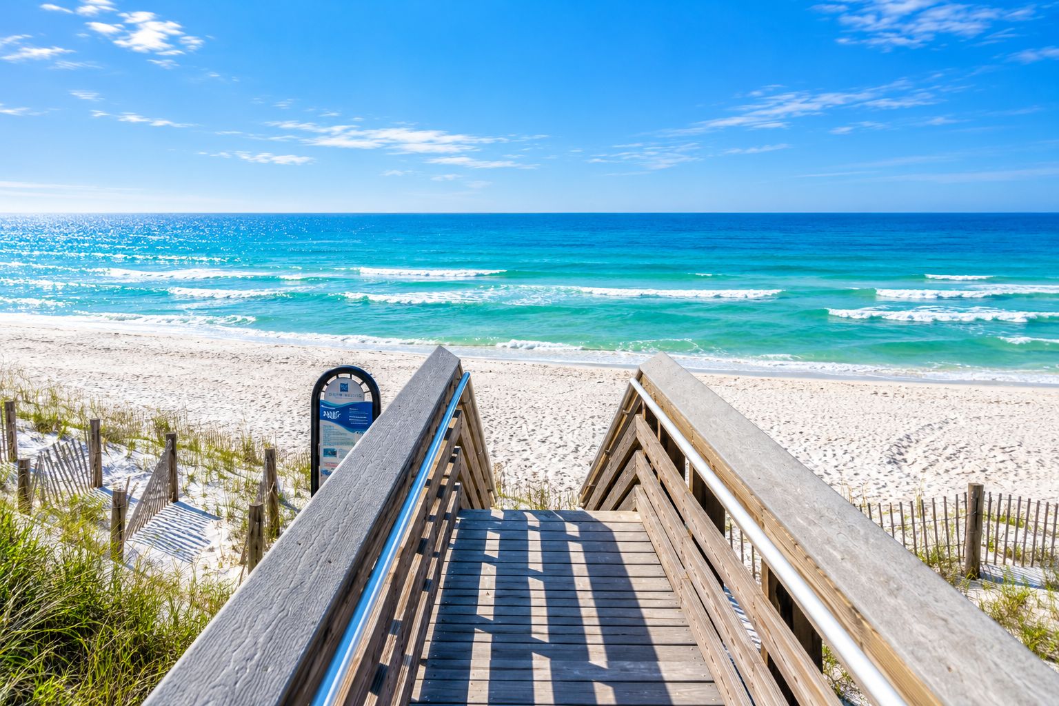 A wooden boardwalk leading to a beach with clear blue water and a sandy shore.