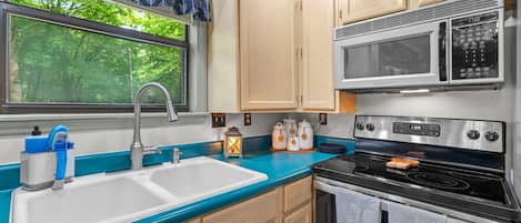 A kitchen with a double sink, stainless steel appliances, and wooden cabinets.