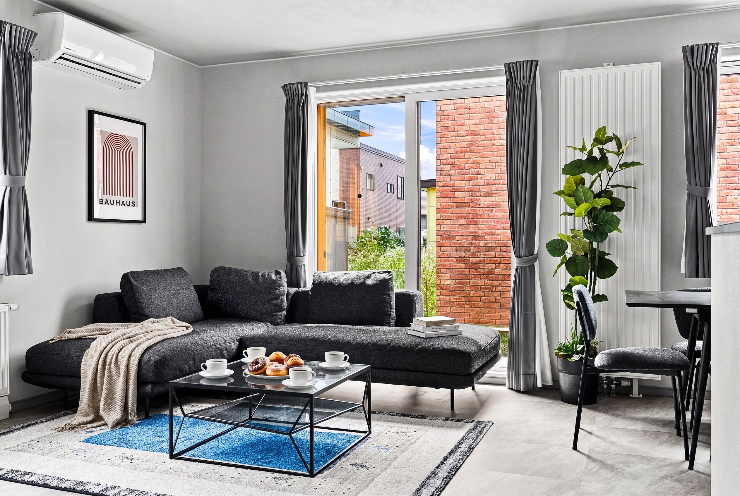 A modern living room with a sofa, coffee table, and a view of a brick building.
