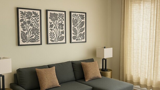 Een woonkamer met een grijze hoekbank, twee bijzettafels met lampen, een glazen salontafel met een plant, en bloemkunstwerken in lijsten aan de muur.
