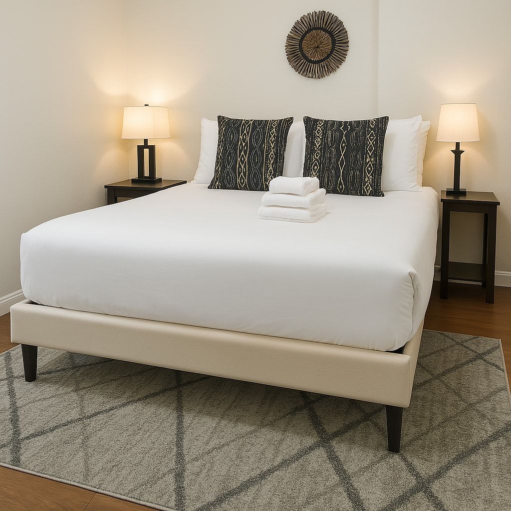 A neatly made bed with white bedding, two patterned pillows, and a folded white towel. There are two bedside tables with lamps, a decorative wall piece, and a patterned rug on the floor.