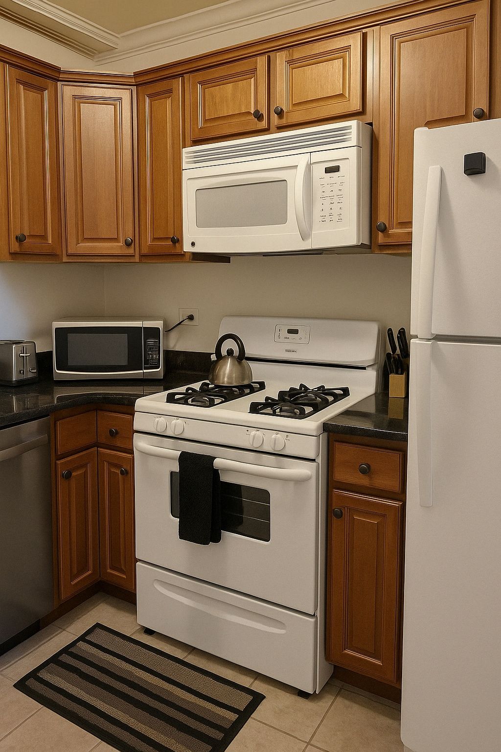 A kitchen with wooden cabinets, a stove, a microwave, and a refrigerator.