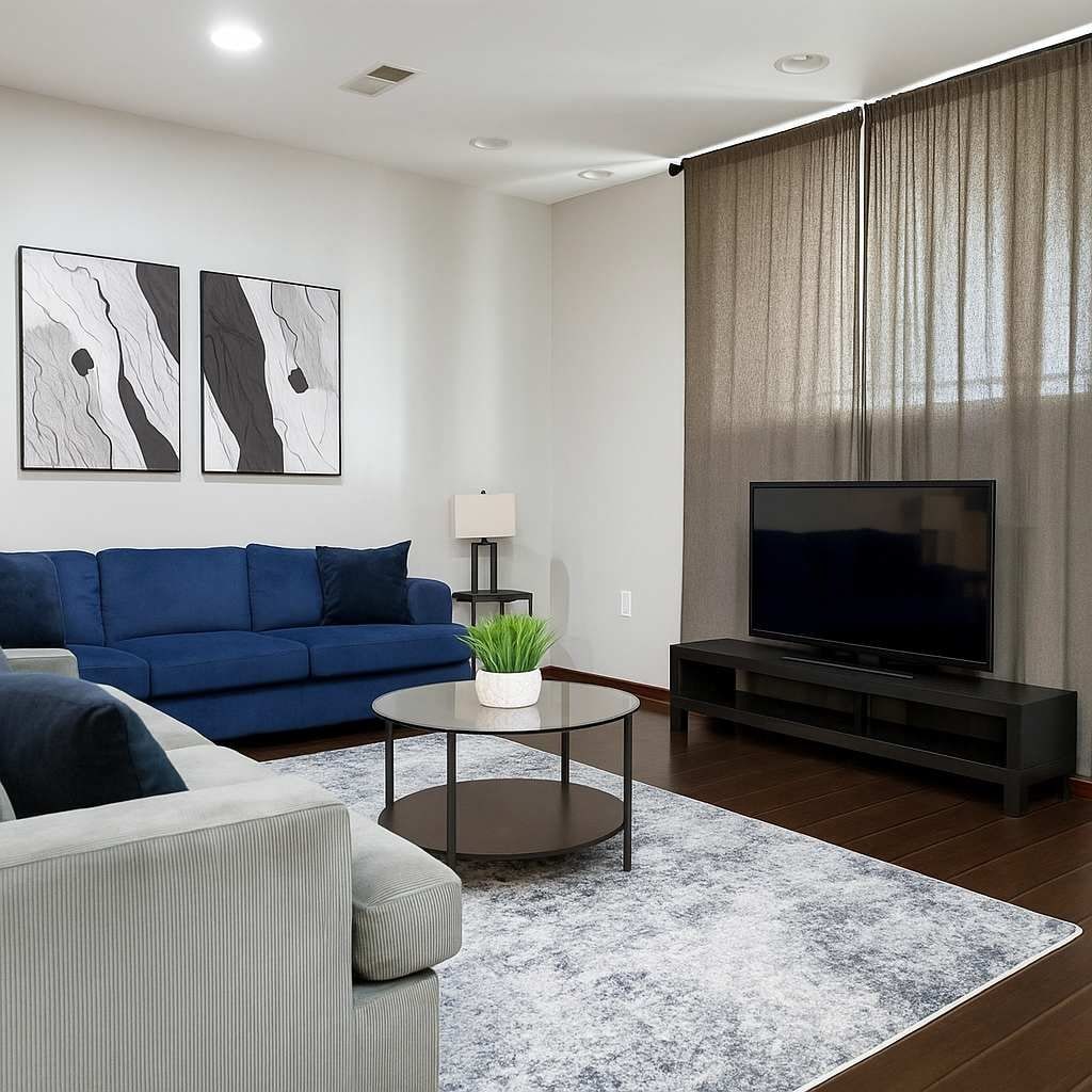 A modern living room with a blue sofa, a white armchair, a round coffee table with a plant, a flat-screen TV, and abstract wall art.