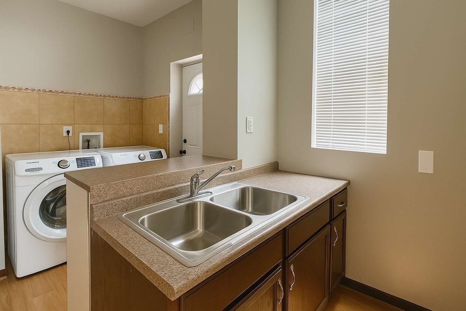 A laundry room with a washing machine and dryer, a double sink, and wooden cabinets.