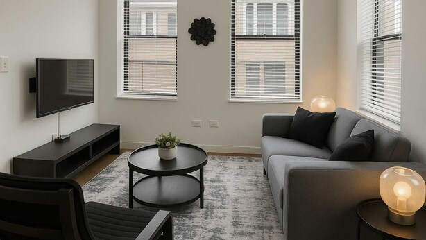 Una sala moderna con un sofá gris, un sillón negro y una mesa de centro redonda con una planta. Un televisor de pantalla plana está montado en la pared, y hay dos ventanas con persianas.