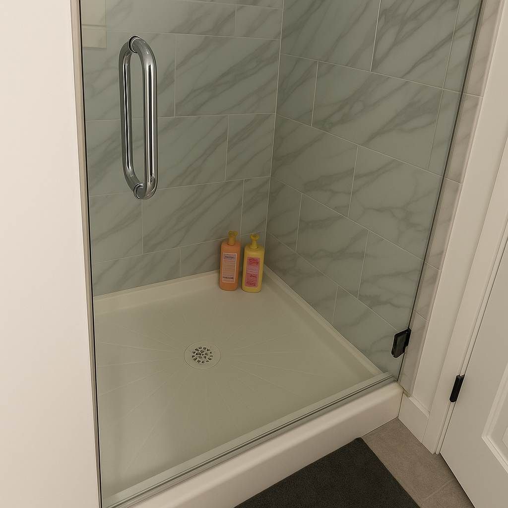 Une douche entièrementClose avec des murs recouverts de carreaux de marbre, une porte en verre et deux bouteilles de shampoing posées sur le sol.