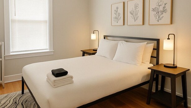 A bedroom with a bed, two bedside tables, a window with blinds, a wall-mounted light fixture, and three framed floral artworks. - Charming 1BR in Old Irving (Chicago)
