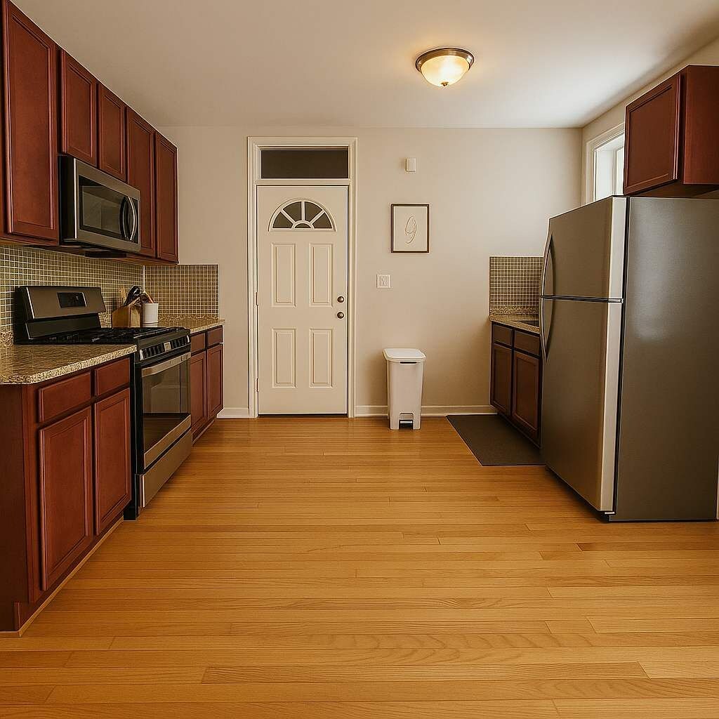 A kitchen with wooden cabinets, stainless steel appliances, a microwave, stove, refrigerator, and a trash can.